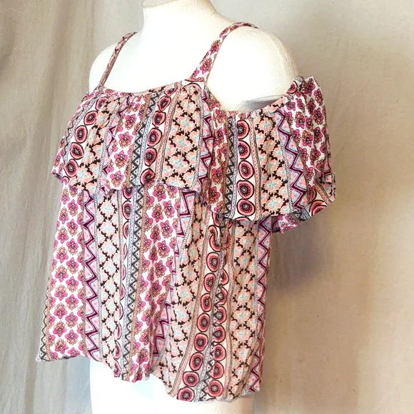 Midnight Sky Cold Shoulder Peasant Top, Colorful Geometric Floral women’s Large - Picture 3 of 10